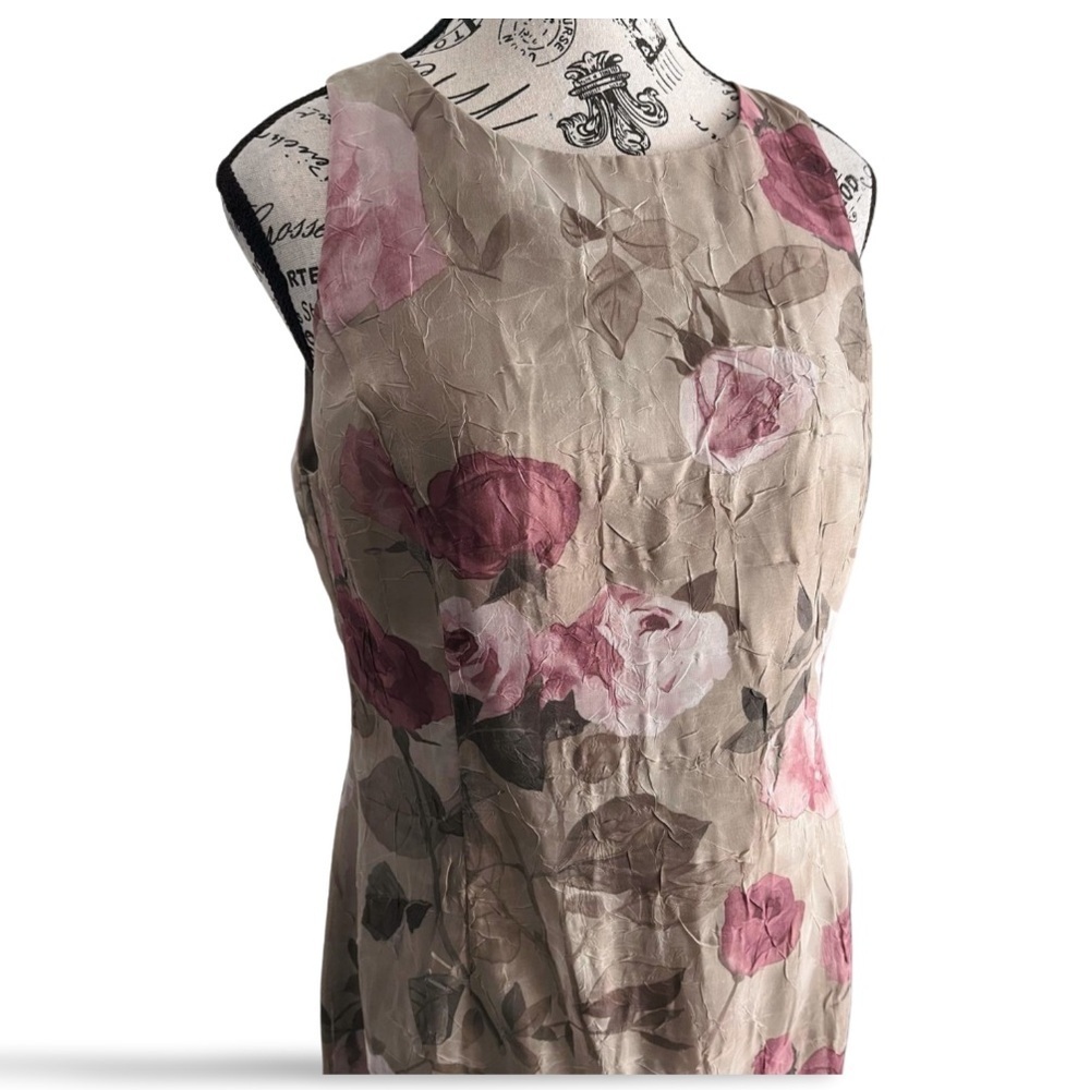 🇨🇦 Vintage 90s Muted Green and Rose Algo Crinkled Floral Maxi Dress Size 10P - Picture 3 of 7